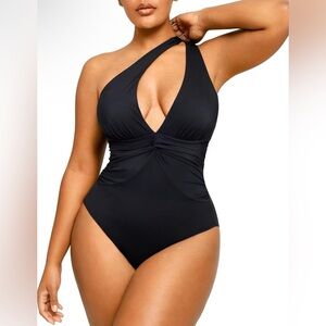 SHAPELLX Tummy Control Swimsuit Women Ruched V Neck One Piece Black XL NWT